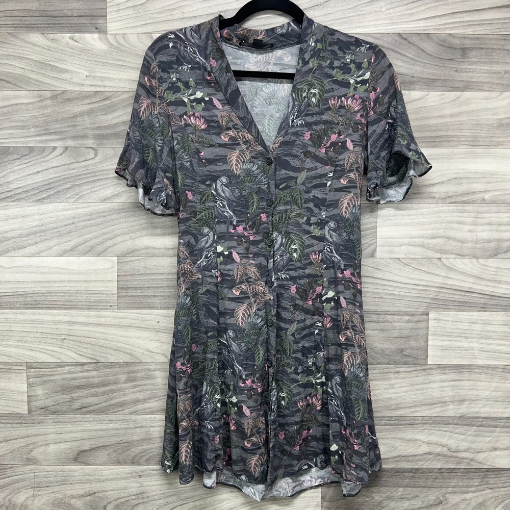 Allsaints Mini Dress Womens S Gray Floral Short Sleeve Button Front Tropical‎